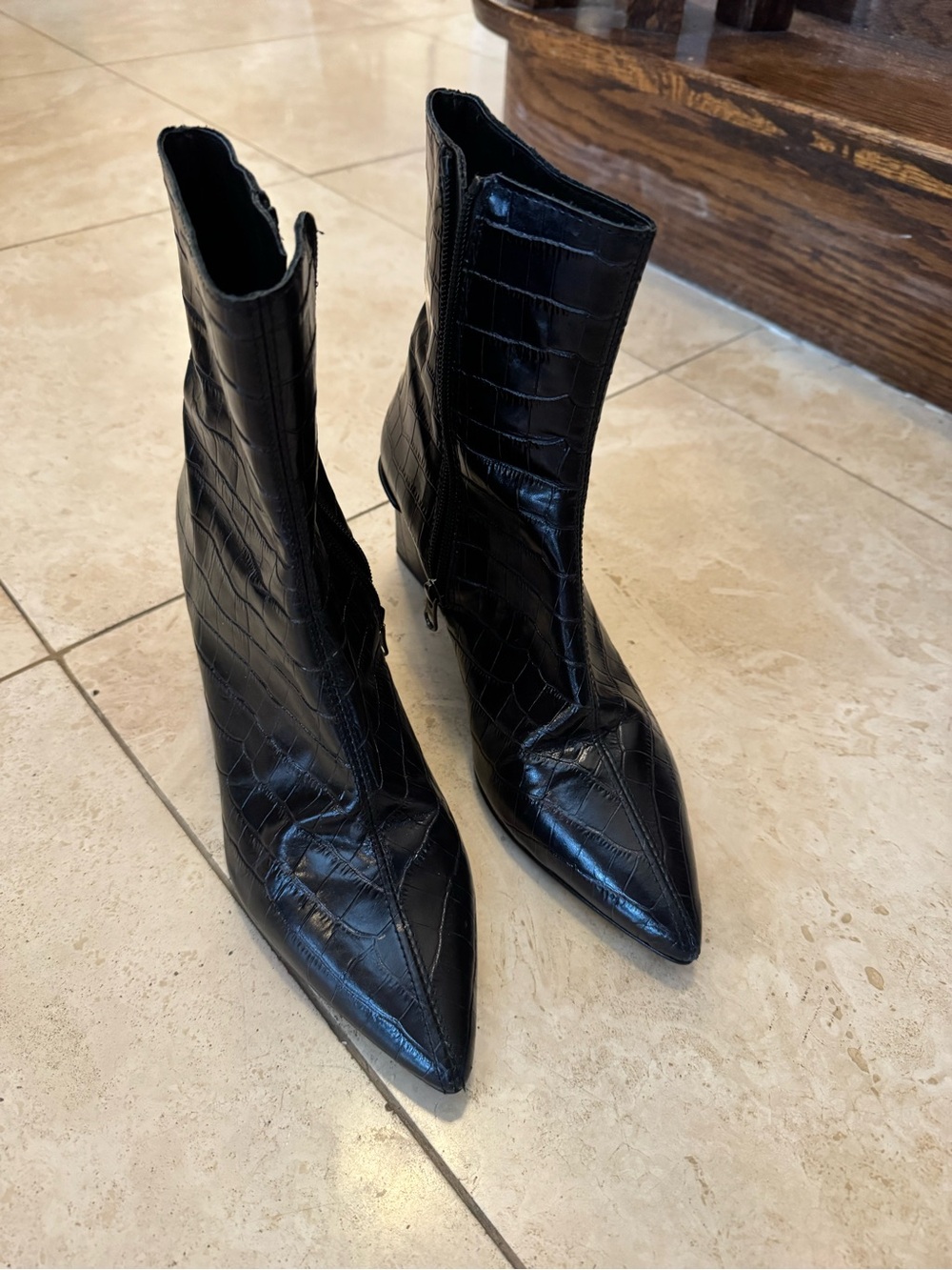 L’intervalle Black Croc-Embossed Pointed Toe Ankle Boots - Picture 2 of 5